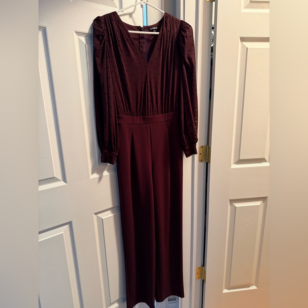 Express Burgundy Long-Sleeve Jumpsuit with Textured Bodice